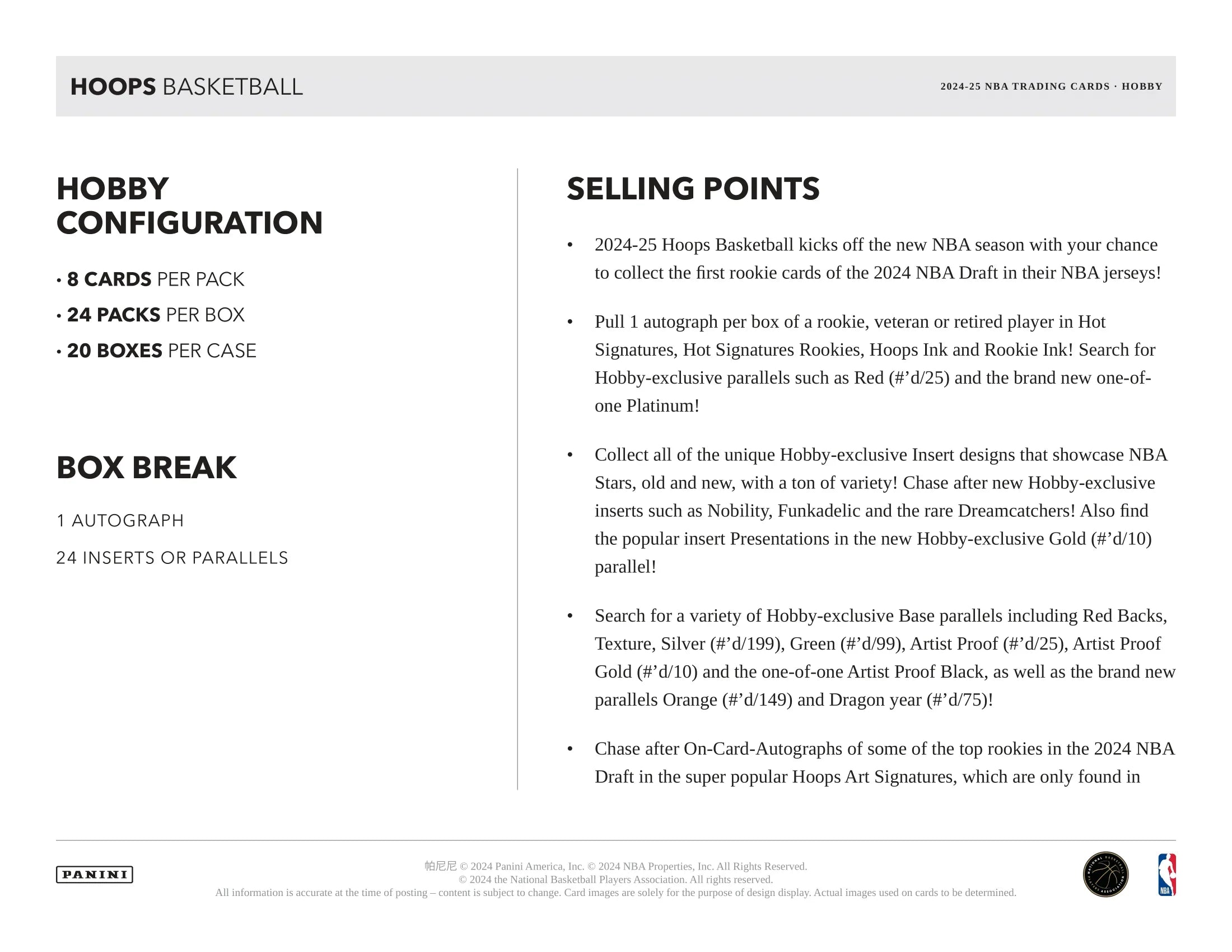 Panini - 2024/25 Hoops Basketball (NBA) - Hobby Box